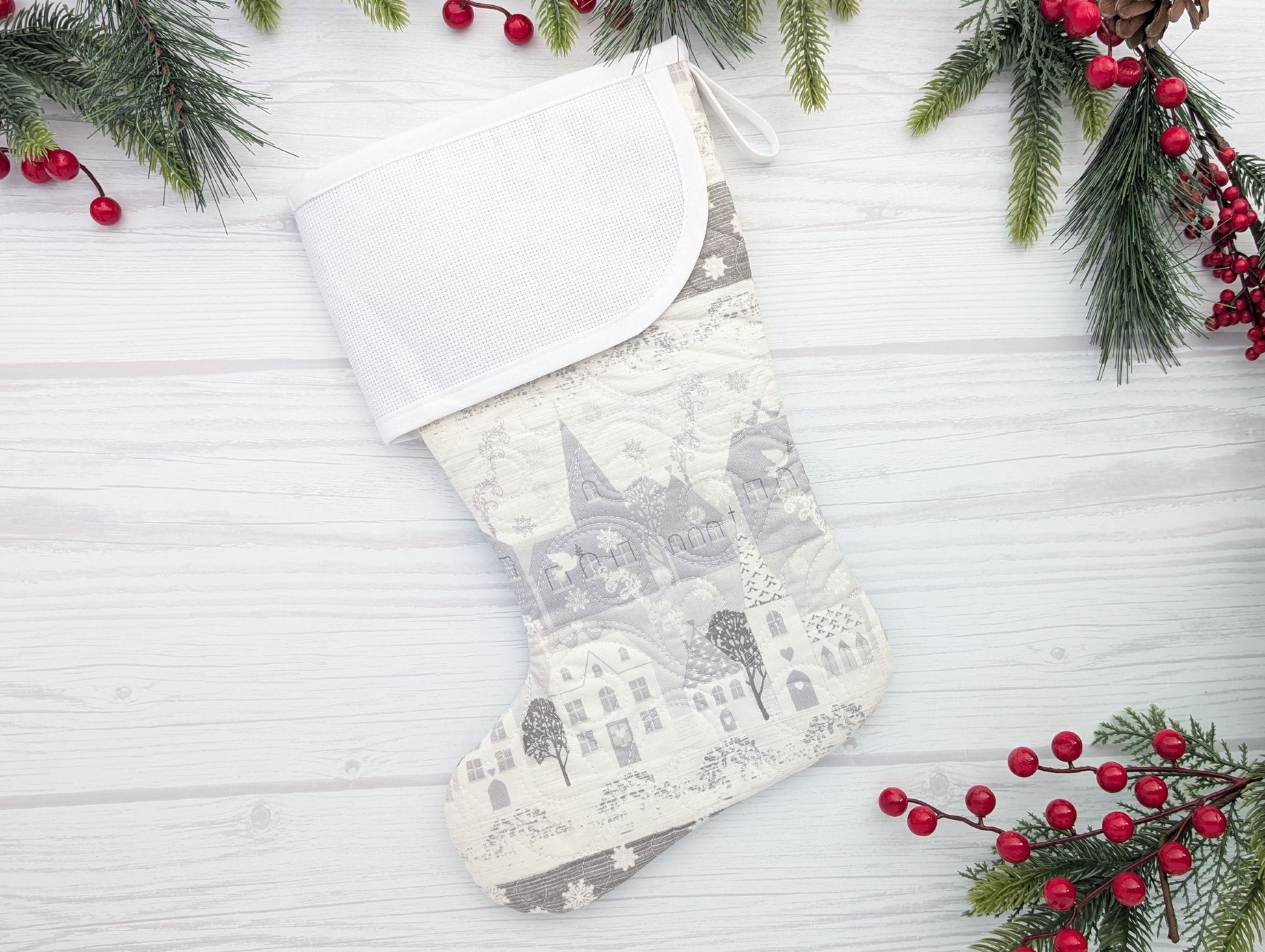 Silver Village Christmas stocking with blank aida cuff