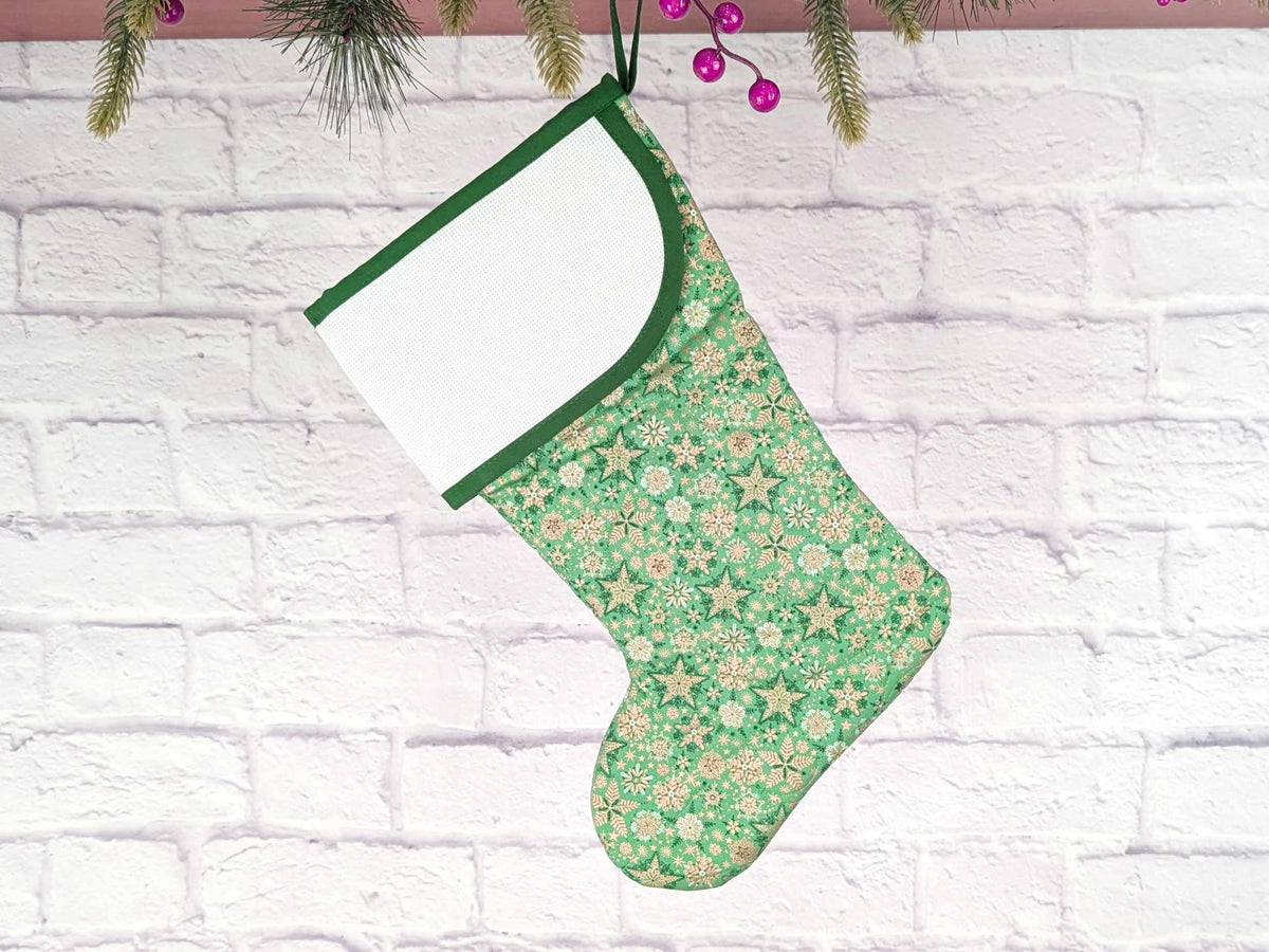 Blank Green Stars Christmas Stocking with Cross Stitchable Cuff - Curved Style