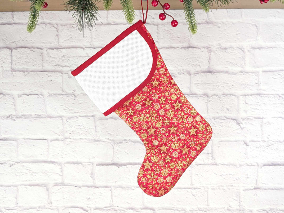 Blank Red Stars Christmas Stocking with Cross Stitchable Cuff - Curved Style