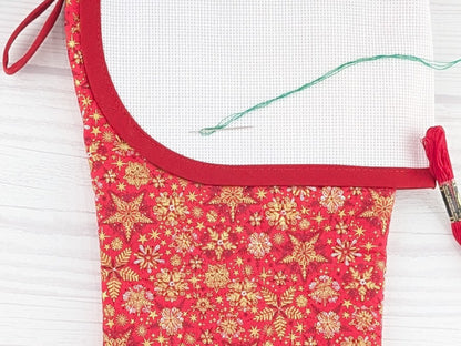 Blank Red Stars Christmas Stocking with Cross Stitchable Cuff - Curved Style