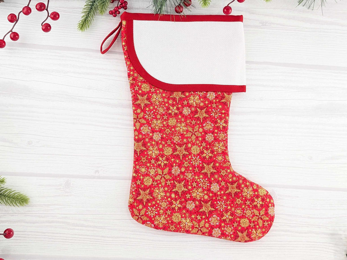 Blank Red Stars Christmas Stocking with Cross Stitchable Cuff - Curved Style