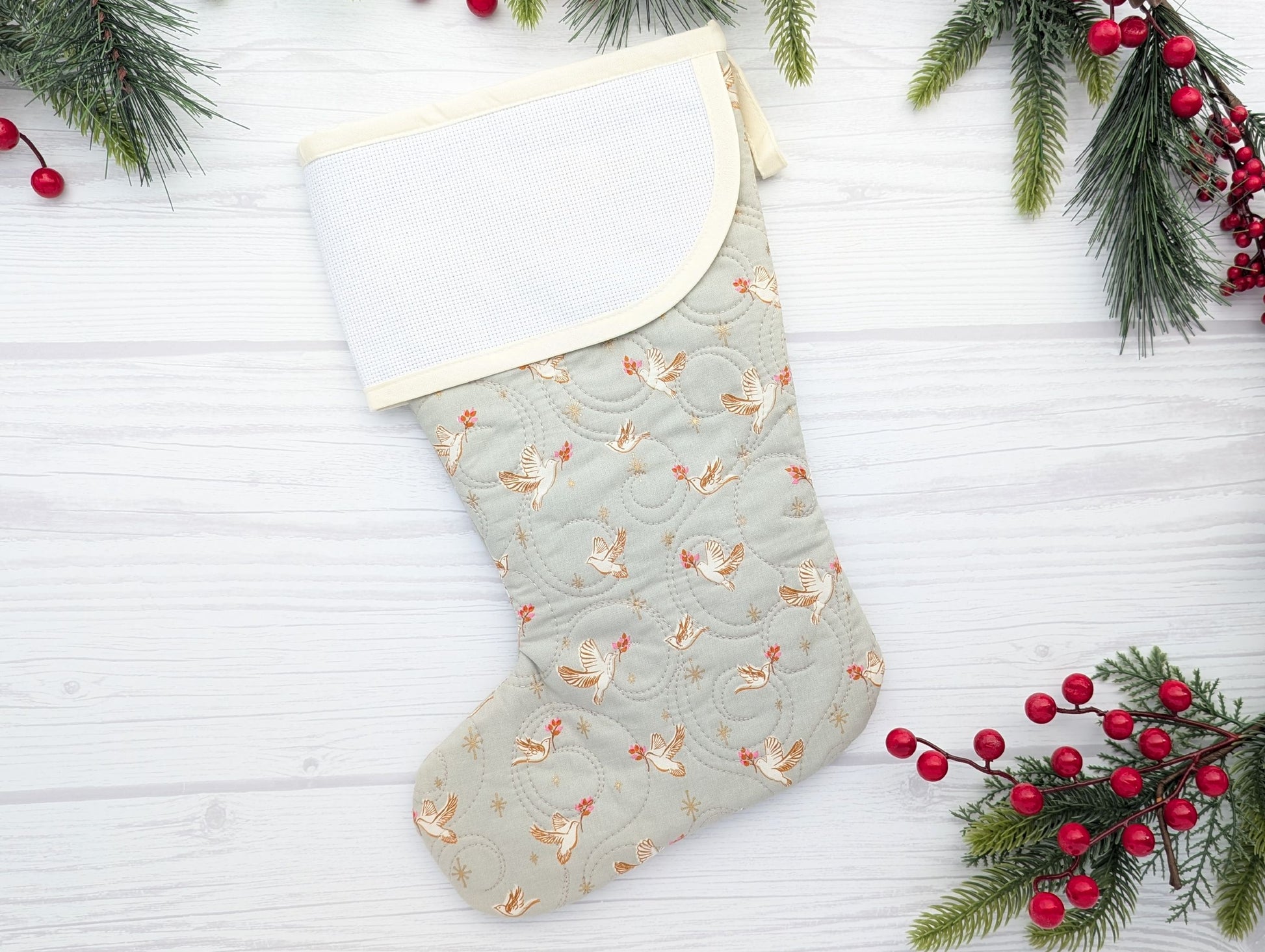 Gray Doves quilted christmas stocking with blank cross-stitchable cuff