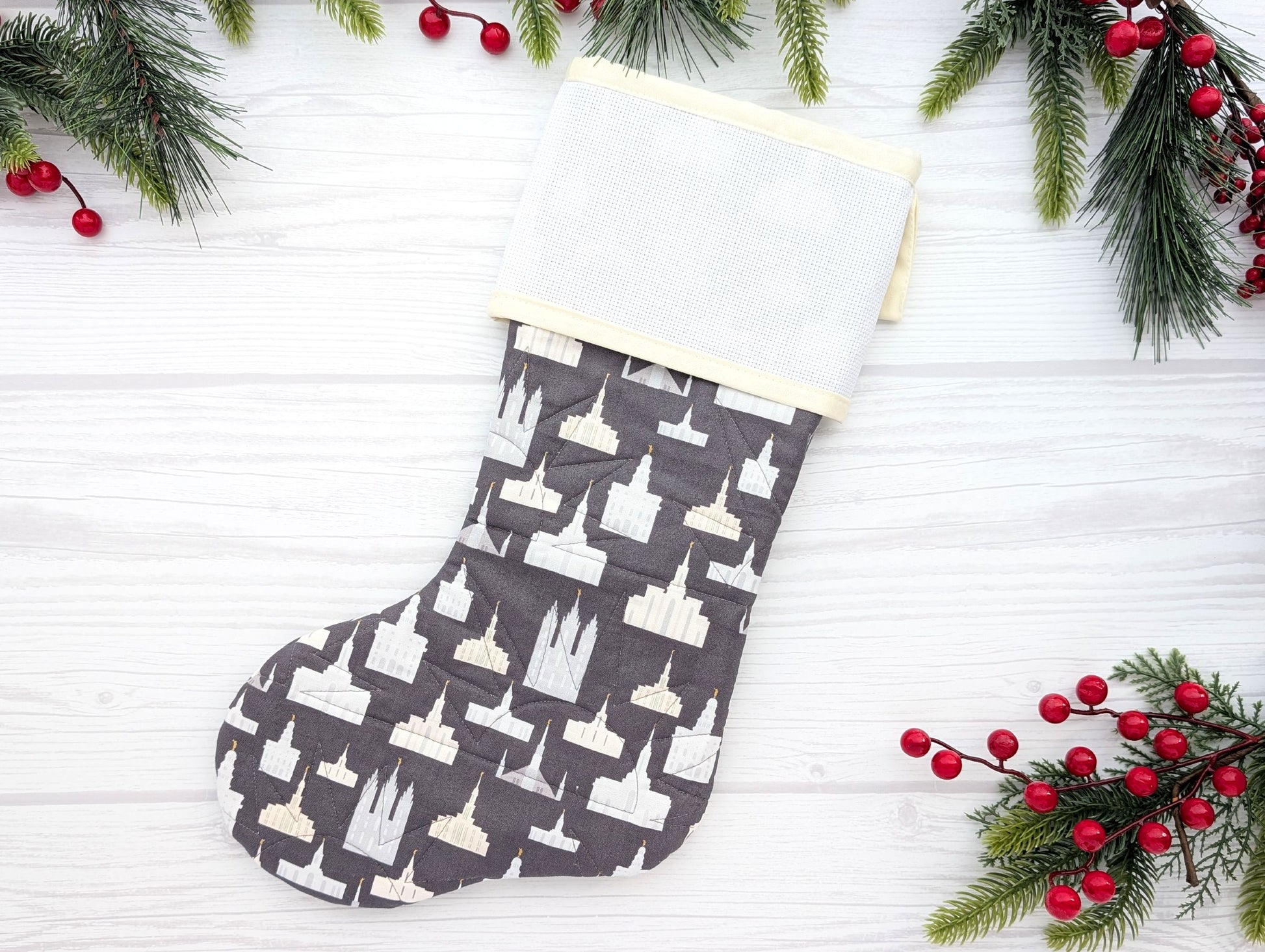 gray temples LDS Missionary quilted Christmas stocking with blank cross stitch Aida cuff