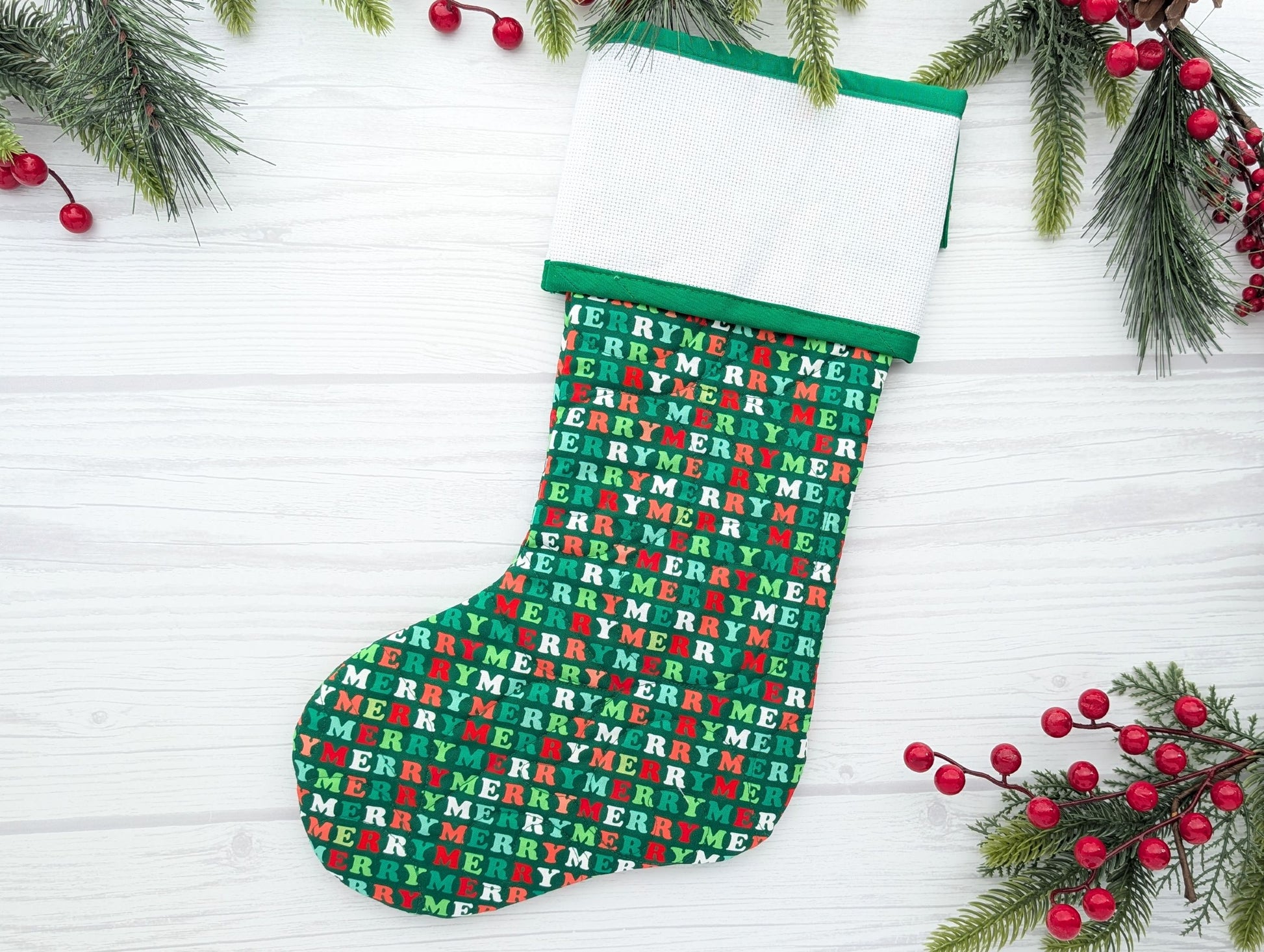 quilted Christmas stocking with blank cross stitch Aida cuff