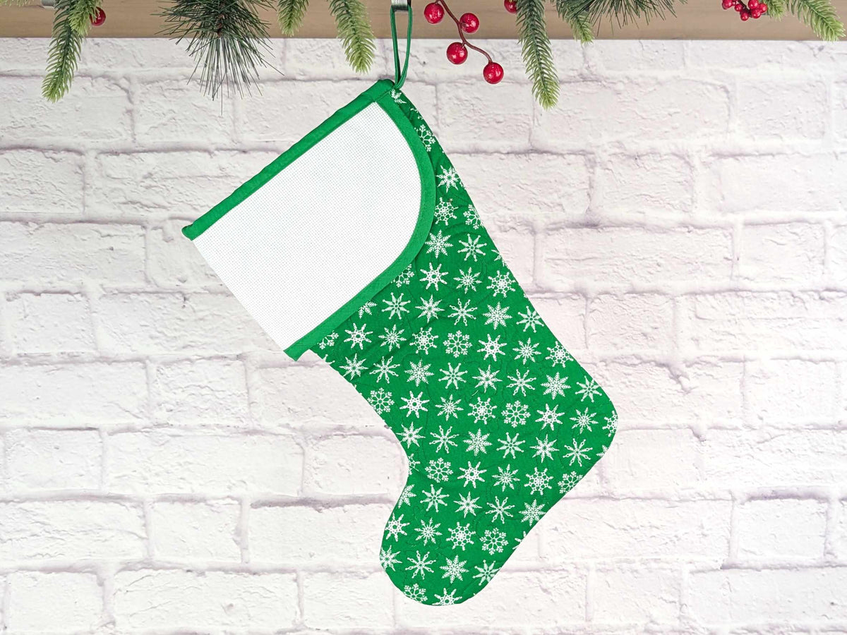 Blank Green Snowflakes Christmas Stocking with Cross Stitchable Cuff - Curved Style