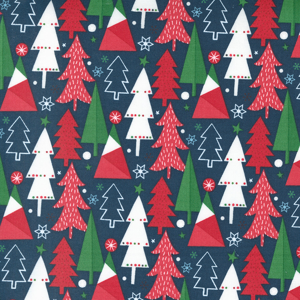 Christmas Stocking with Blank Cross Stitchable Aida Cuff | Quilted and Fully Lined - Hello Holidays Trees Navy