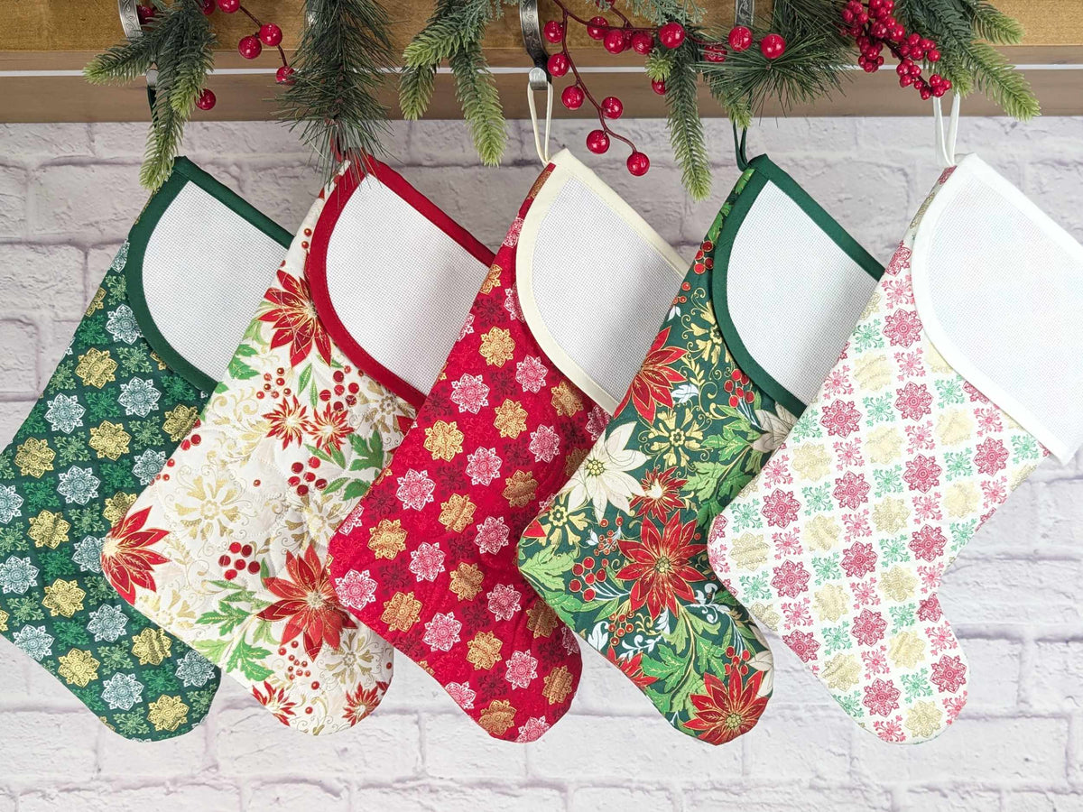 Blank White Medallions Metallic Christmas Stocking with Cross Stitchable Cuff - Curved Style