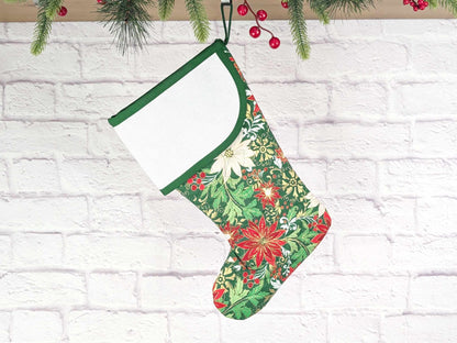 Blank Green Floral Metallic Christmas Stocking with Cross Stitchable Cuff - Curved Style