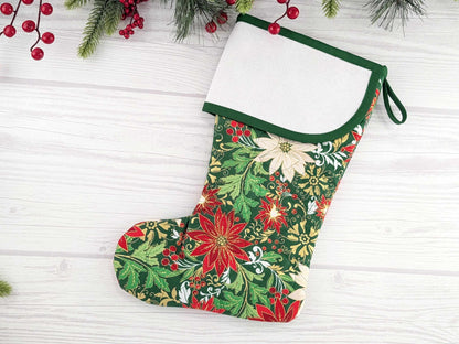 Blank Green Floral Metallic Christmas Stocking with Cross Stitchable Cuff - Curved Style