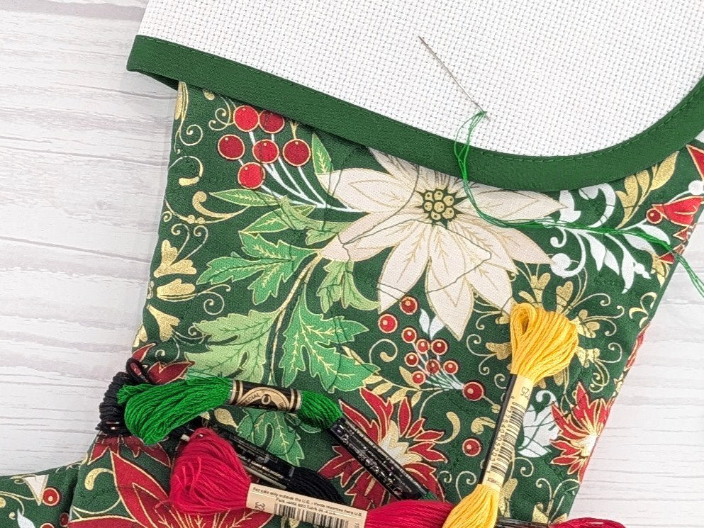 Blank Green Floral Metallic Christmas Stocking with Cross Stitchable Cuff - Curved Style