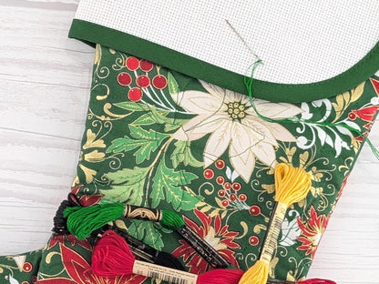 Blank Green Floral Metallic Christmas Stocking with Cross Stitchable Cuff - Curved Style