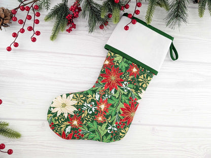 Blank Green Metallic Floral Christmas Stocking with Cross Stitchable Cuff - Straight Style