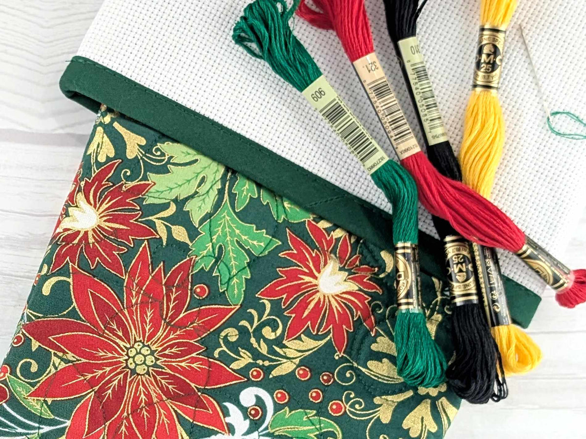 Blank Green Metallic Floral Christmas Stocking with Cross Stitchable Cuff - Straight Style