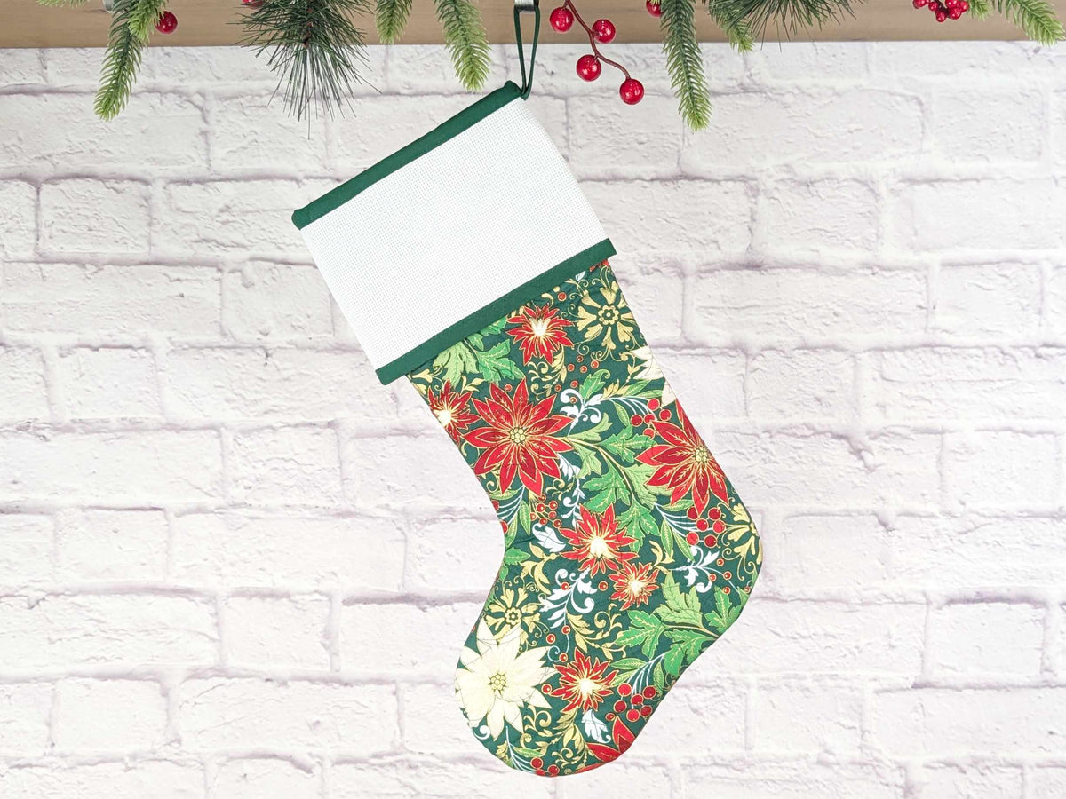Blank Green Metallic Floral Christmas Stocking with Cross Stitchable Cuff - Straight Style
