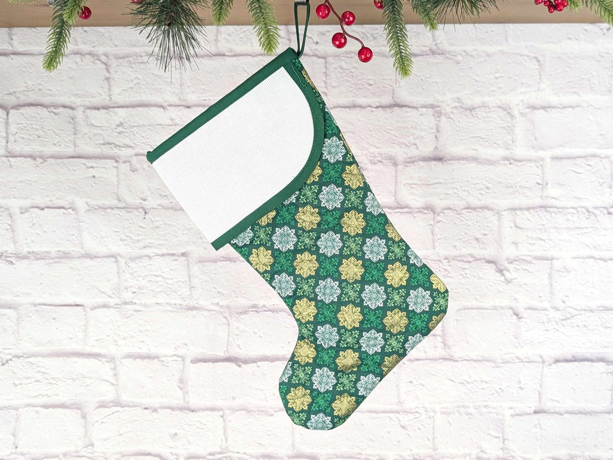 Blank Green Medallions Metallic Christmas Stocking with Cross Stitchable Cuff - Curved Style