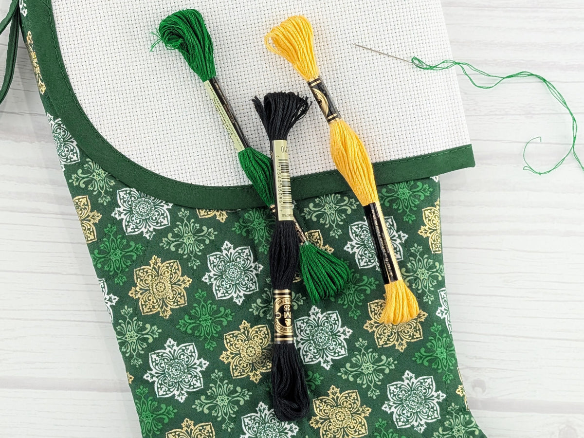 Blank Green Medallions Metallic Christmas Stocking with Cross Stitchable Cuff - Curved Style