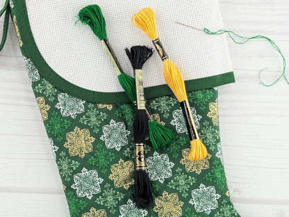 Blank Green Medallions Metallic Christmas Stocking with Cross Stitchable Cuff - Curved Style