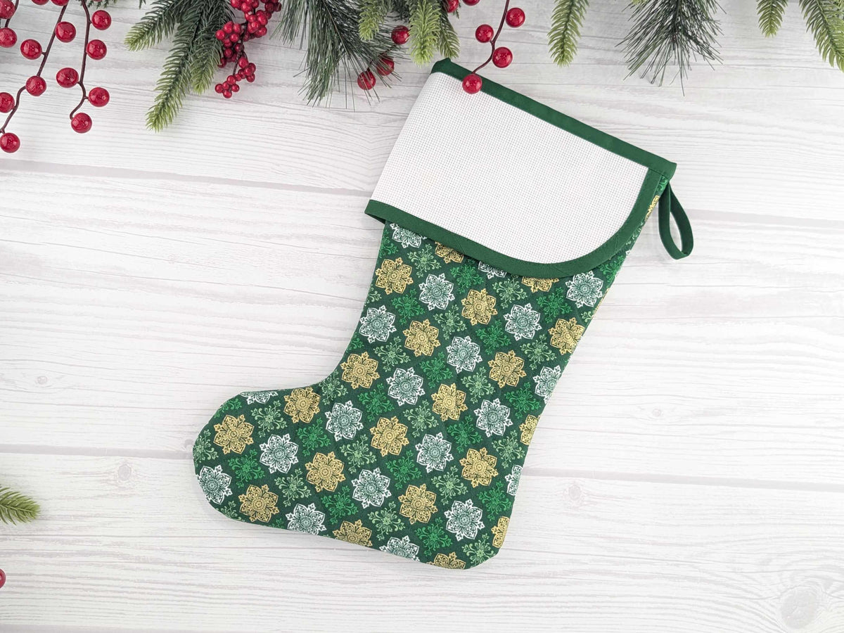 Blank Green Medallions Metallic Christmas Stocking with Cross Stitchable Cuff - Curved Style