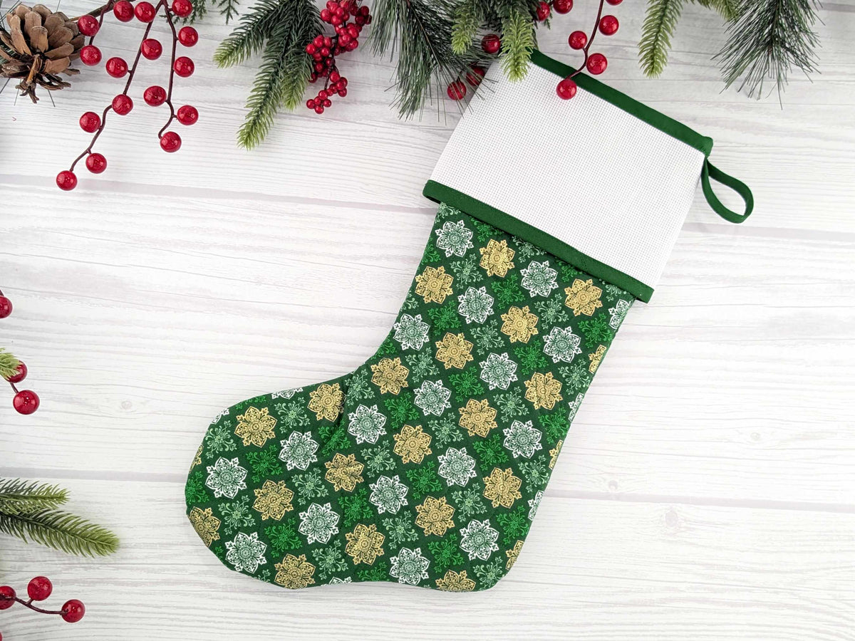 Blank Green Metallic Medallions Christmas Stocking with Cross Stitchable Cuff - Straight Style
