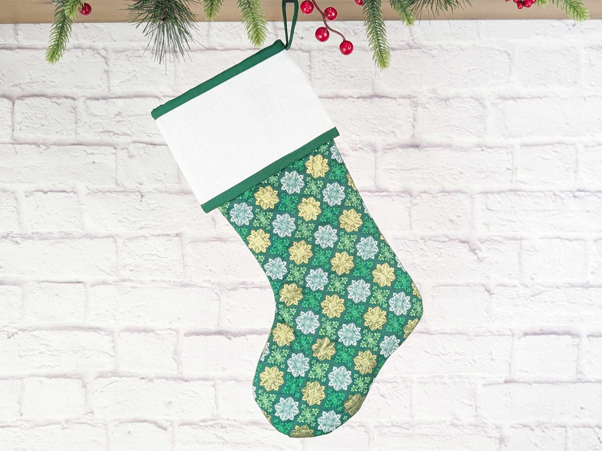 Blank Green Metallic Medallions Christmas Stocking with Cross Stitchable Cuff - Straight Style