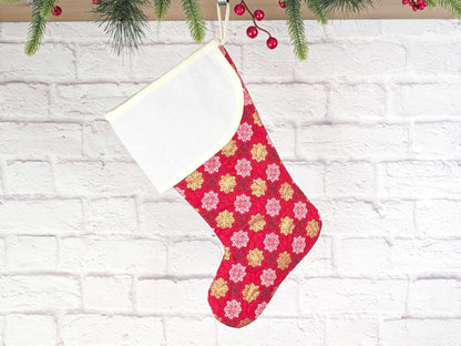 Blank Red Medallions Metallic Christmas Stocking with Cross Stitchable Cuff - Curved Style