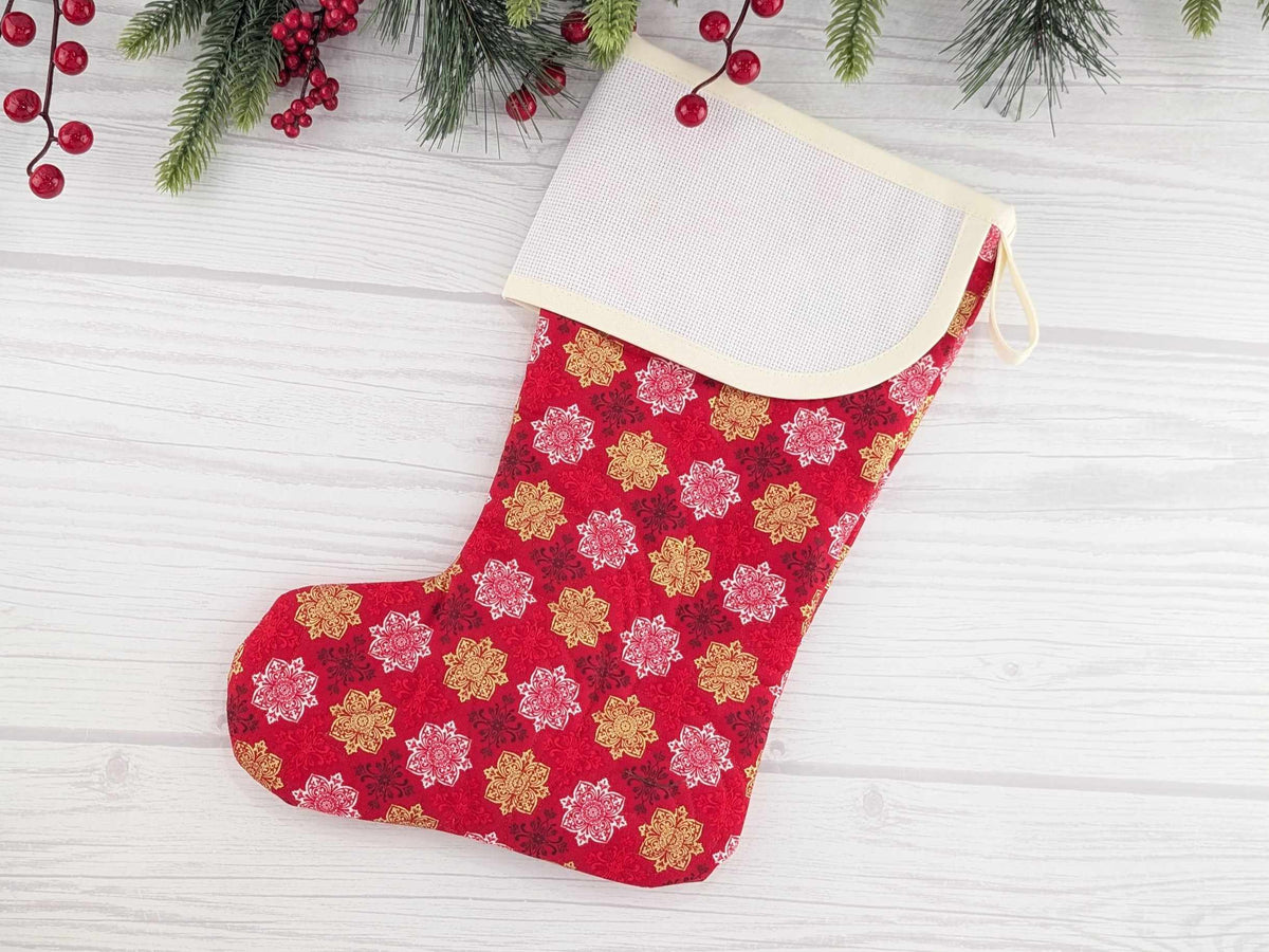 Blank Red Medallions Metallic Christmas Stocking with Cross Stitchable Cuff - Curved Style