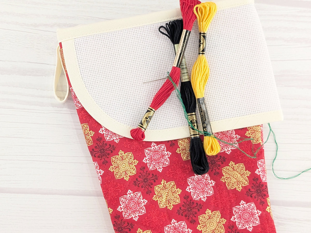 Blank Red Medallions Metallic Christmas Stocking with Cross Stitchable Cuff - Curved Style