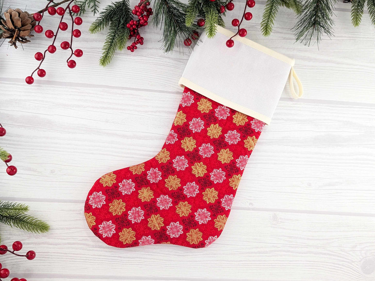 Blank Red Metallic Medallions Christmas Stocking with Cross Stitchable Cuff - Straight Style