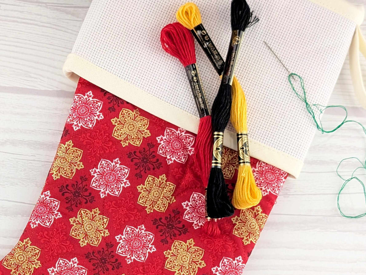 Blank Red Metallic Medallions Christmas Stocking with Cross Stitchable Cuff - Straight Style