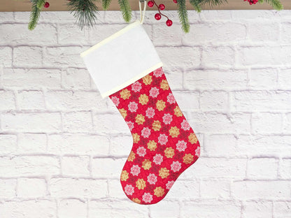 Blank Red Metallic Medallions Christmas Stocking with Cross Stitchable Cuff - Straight Style