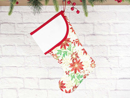 Blank White Floral Metallic Christmas Stocking with Cross Stitchable Cuff - Curved Style