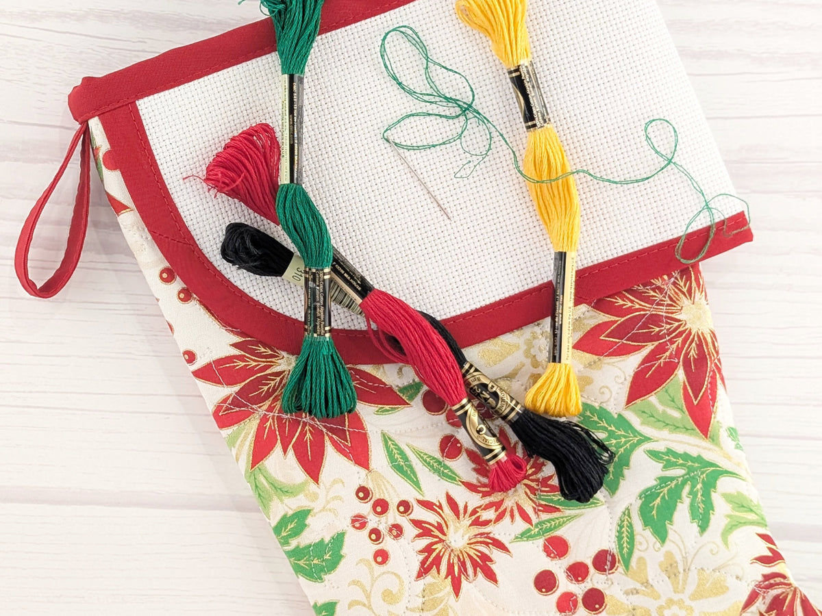 Blank White Floral Metallic Christmas Stocking with Cross Stitchable Cuff - Curved Style