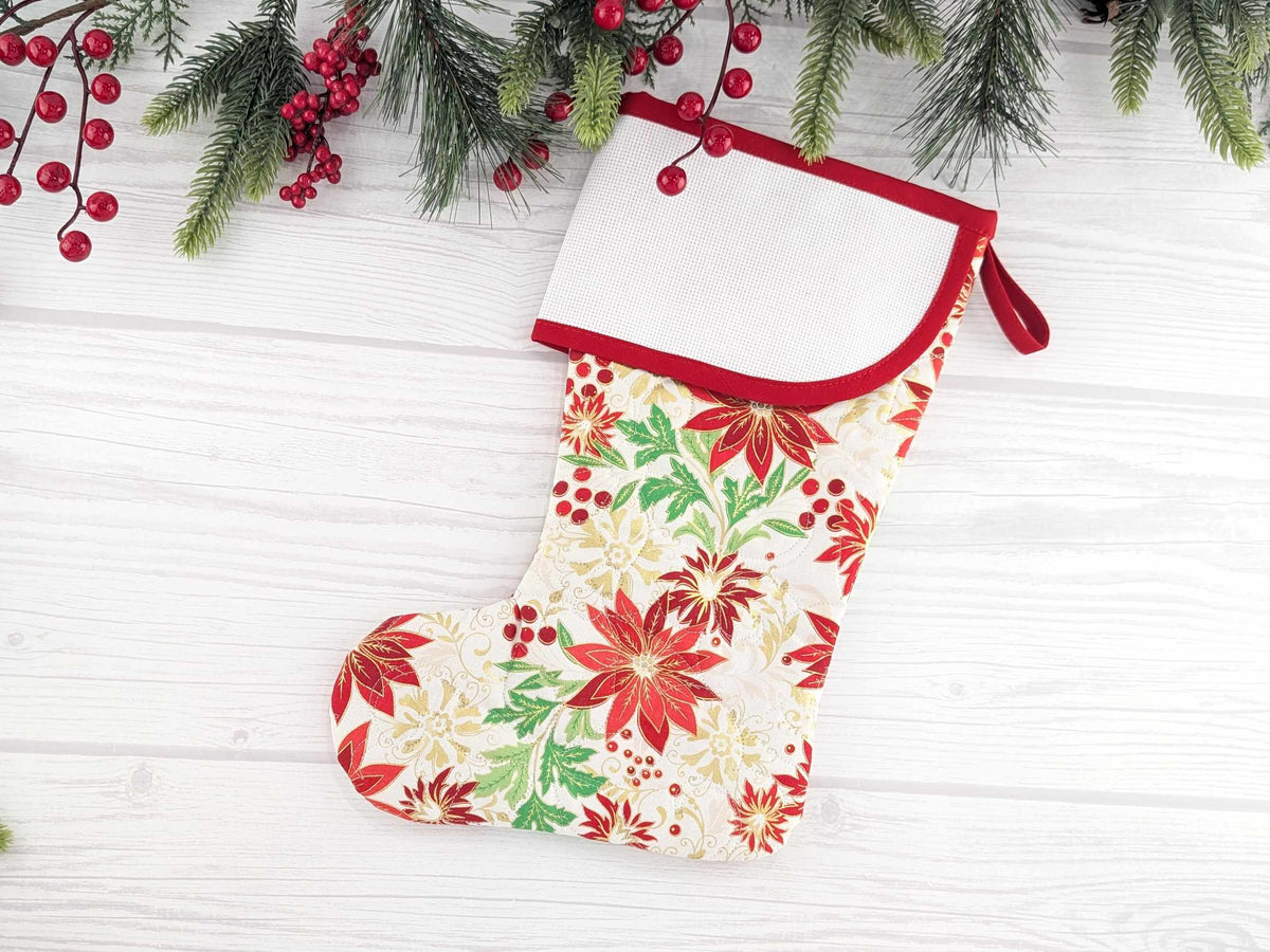 Blank White Floral Metallic Christmas Stocking with Cross Stitchable Cuff - Curved Style
