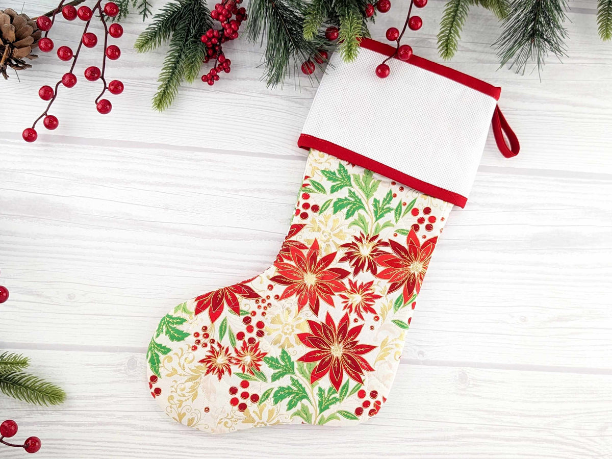 Blank White Metallic Floral Christmas Stocking with Cross Stitchable Cuff - Straight Style
