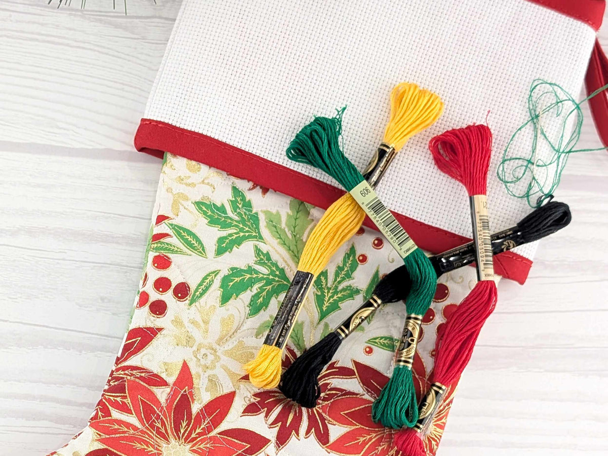 Blank White Metallic Floral Christmas Stocking with Cross Stitchable Cuff - Straight Style