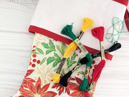 Blank White Metallic Floral Christmas Stocking with Cross Stitchable Cuff - Straight Style