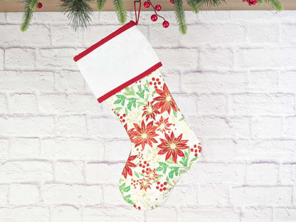 Blank White Metallic Floral Christmas Stocking with Cross Stitchable Cuff - Straight Style