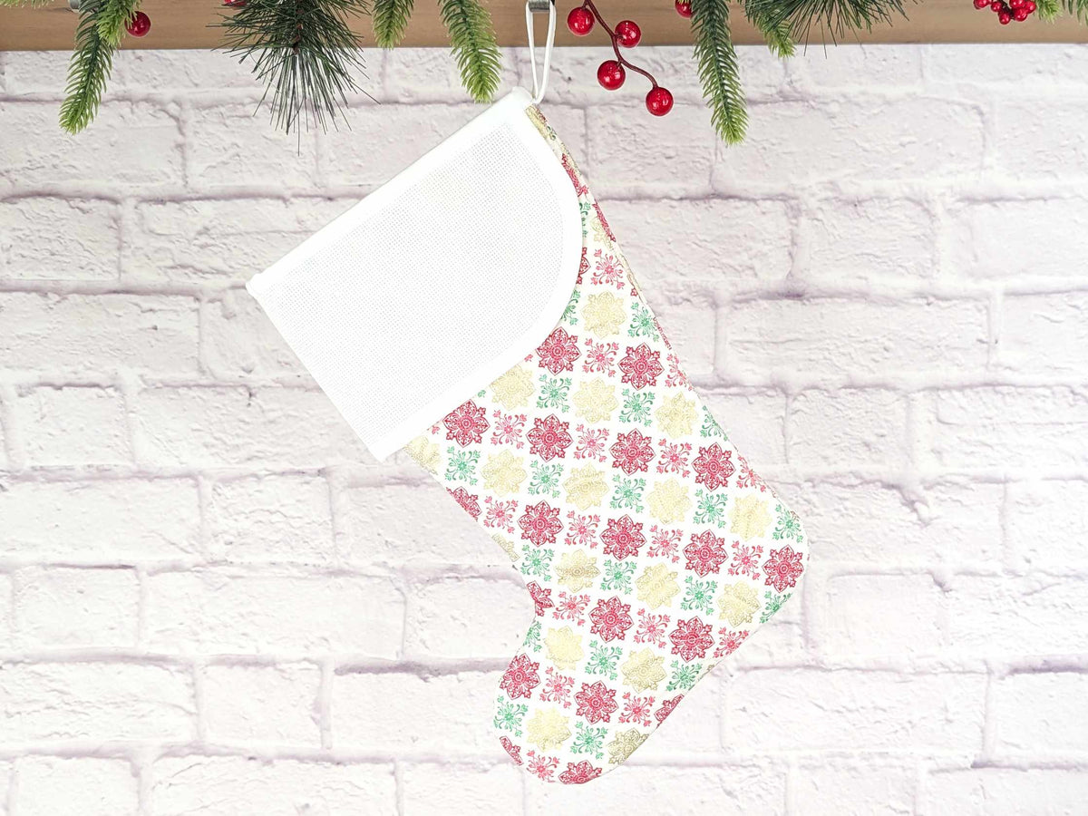 Blank White Medallions Metallic Christmas Stocking with Cross Stitchable Cuff - Curved Style