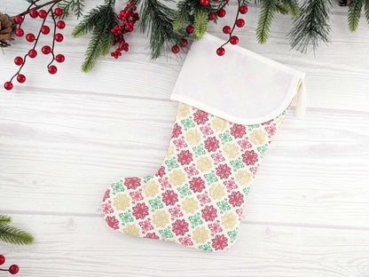 Blank White Medallions Metallic Christmas Stocking with Cross Stitchable Cuff - Curved Style