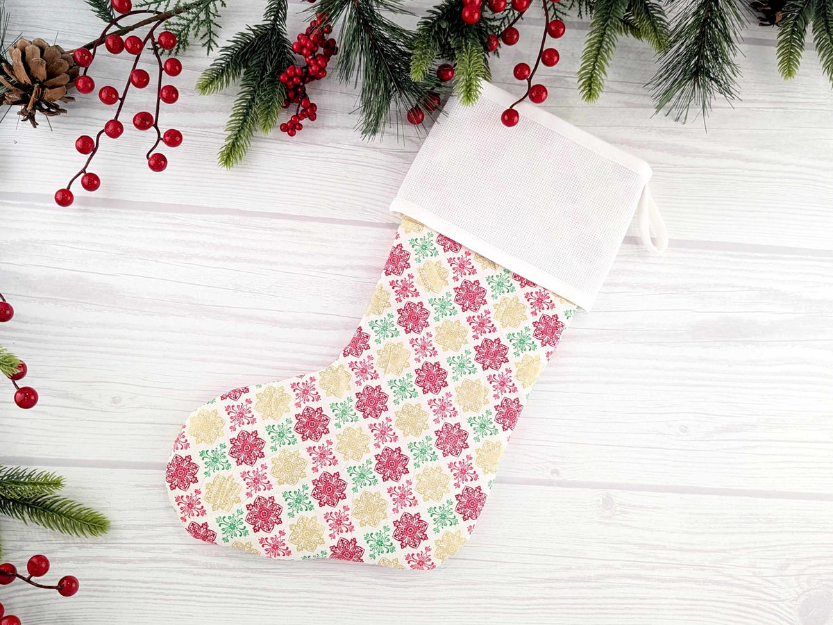 Blank White Metallic Medallions Christmas Stocking with Cross Stitchable Cuff - Straight Style