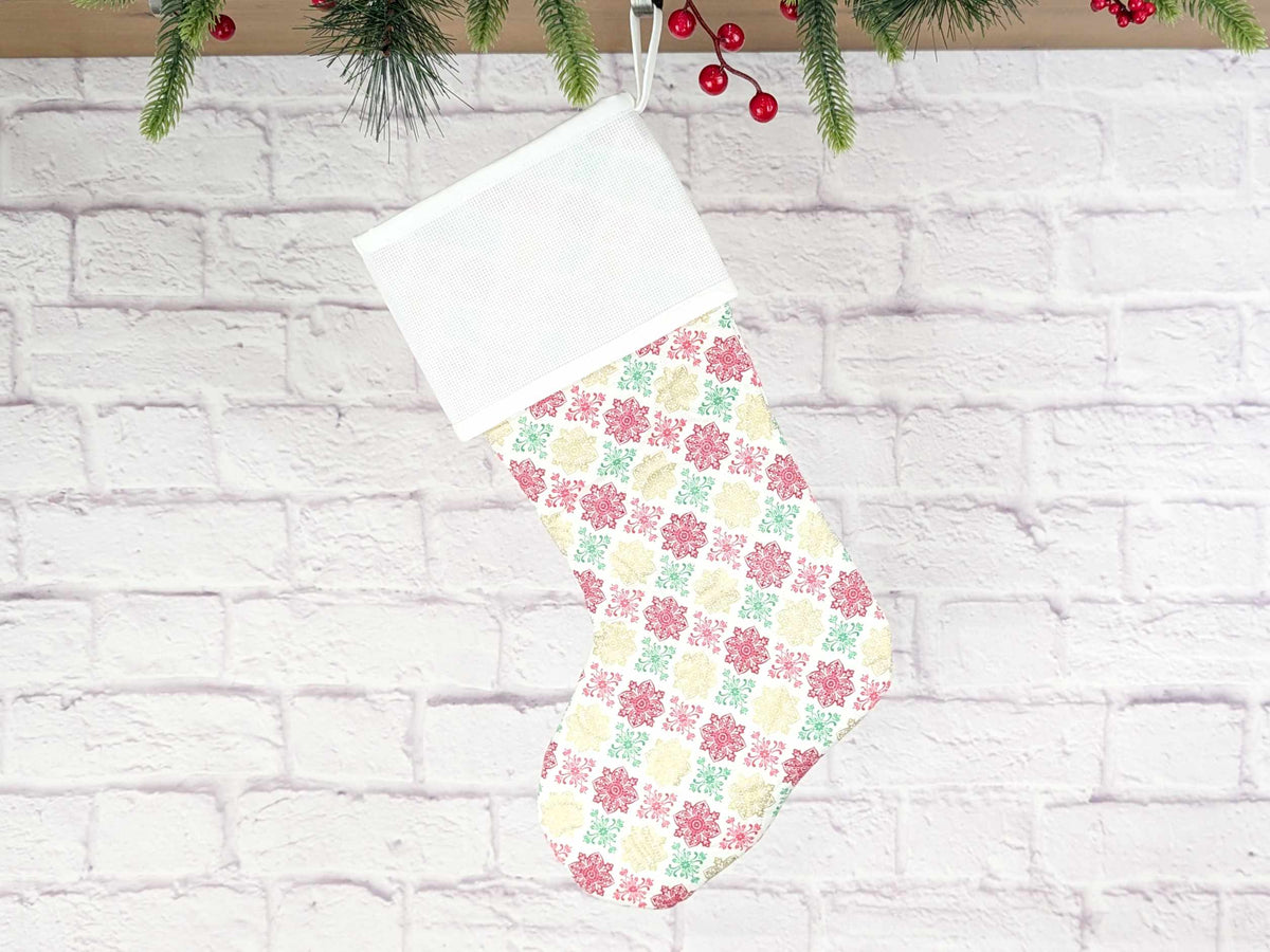 Blank White Metallic Medallions Christmas Stocking with Cross Stitchable Cuff - Straight Style