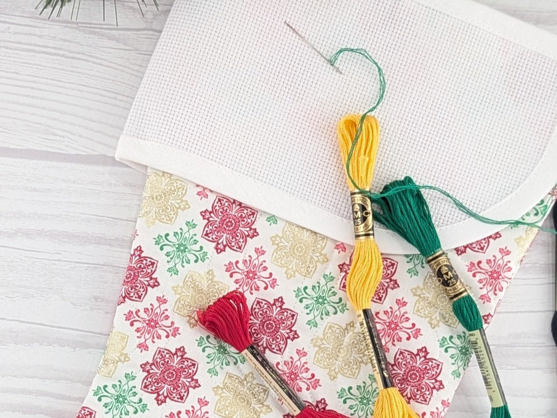 Blank White Metallic Medallions Christmas Stocking with Cross Stitchable Cuff - Straight Style