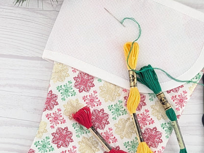 Blank White Metallic Medallions Christmas Stocking with Cross Stitchable Cuff - Straight Style