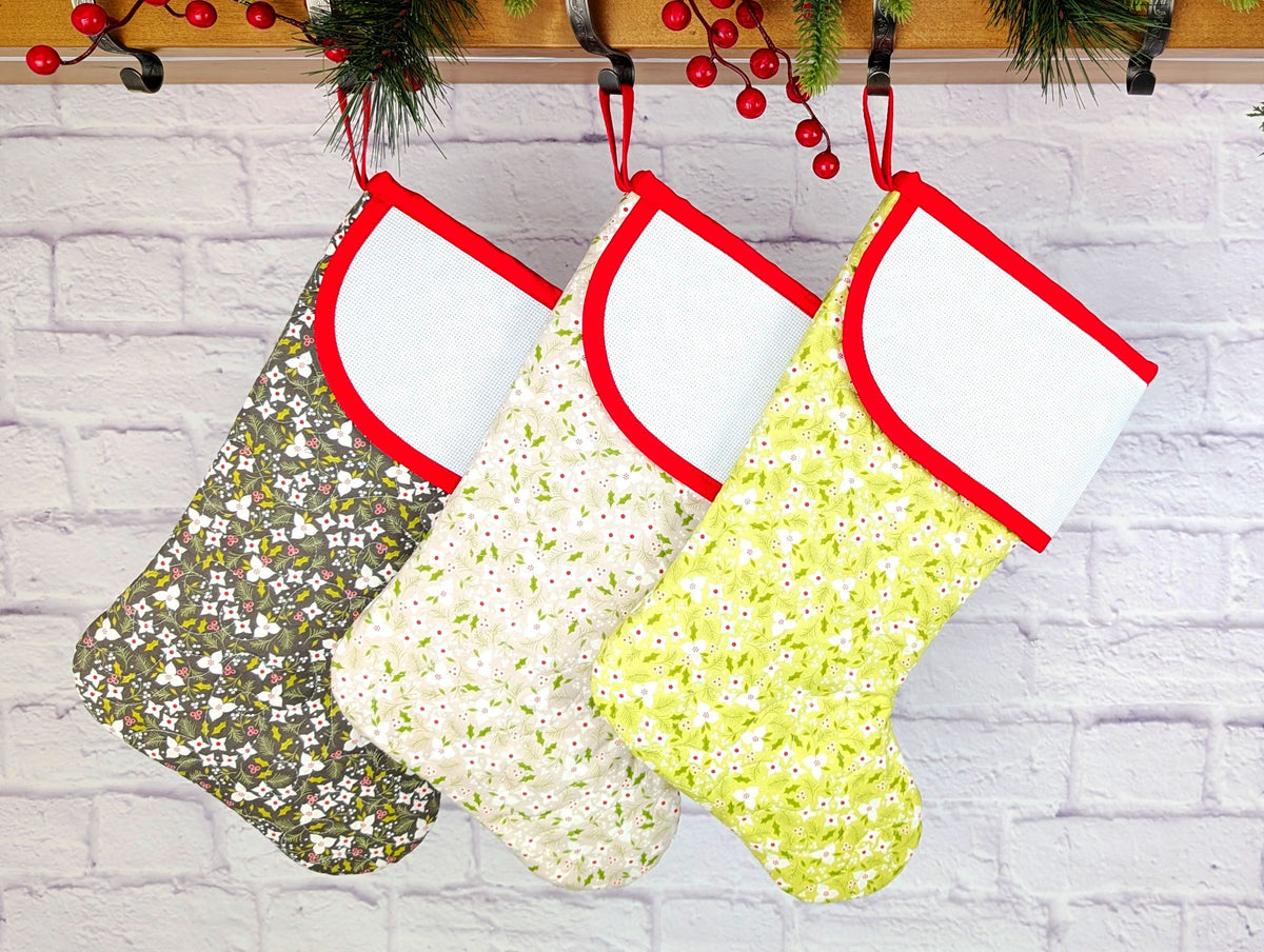 quilted Christmas stocking with blank cross-stitchable Aida Cuff