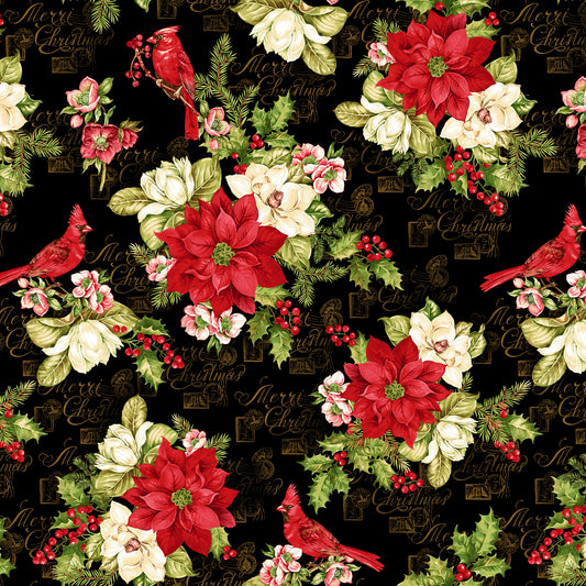 Christmas Stocking with Blank Cross Stitchable Aida Cuff | Quilted and Fully Lined - Holly Berry Park Large Floral Birds Black