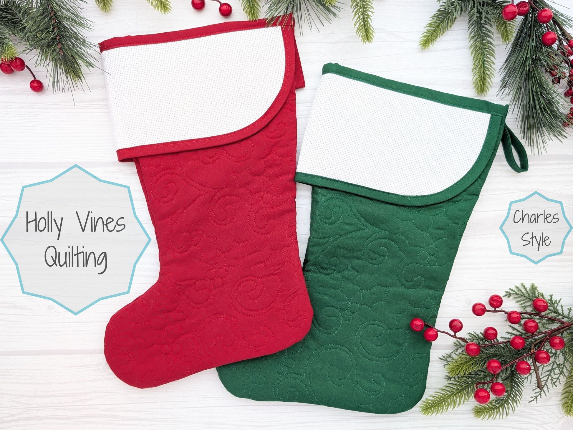 blank quilted Christmas stocking with cross stitch aida cuff in dark red, bright red, or dark green with diamond quilting