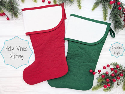 blank quilted Christmas stocking with cross stitch aida cuff in dark red, bright red, or dark green with diamond quilting