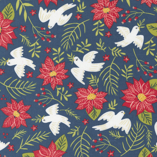 Christmas Stocking with Blank Cross Stitchable Aida Cuff | Quilted and Fully Lined - Joyful Joyful Floral Doves Navy