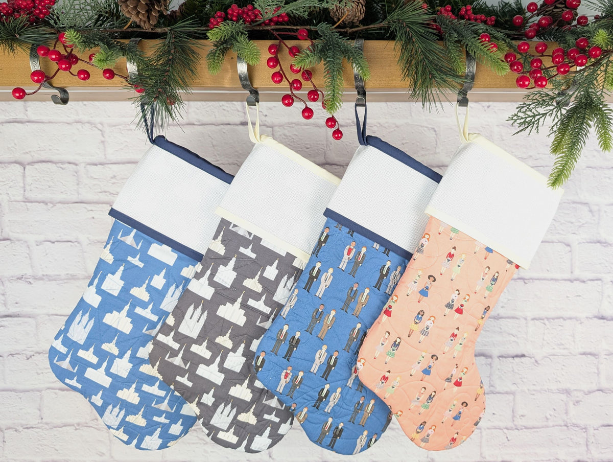 LDS Missionary quilted Christmas stocking with blank cross stitch Aida cuff