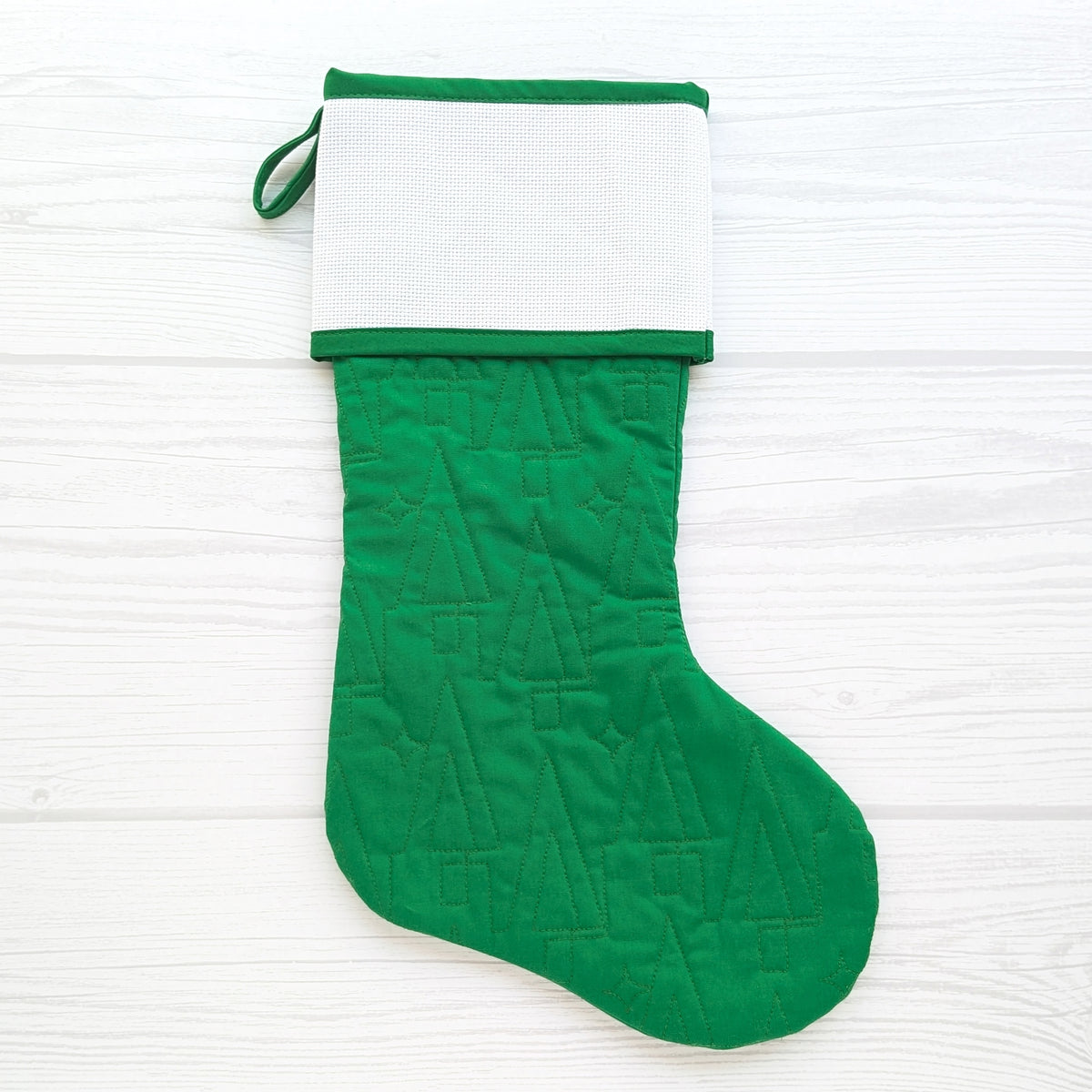 Green or White Christmas stocking with blank cross stitch cuff